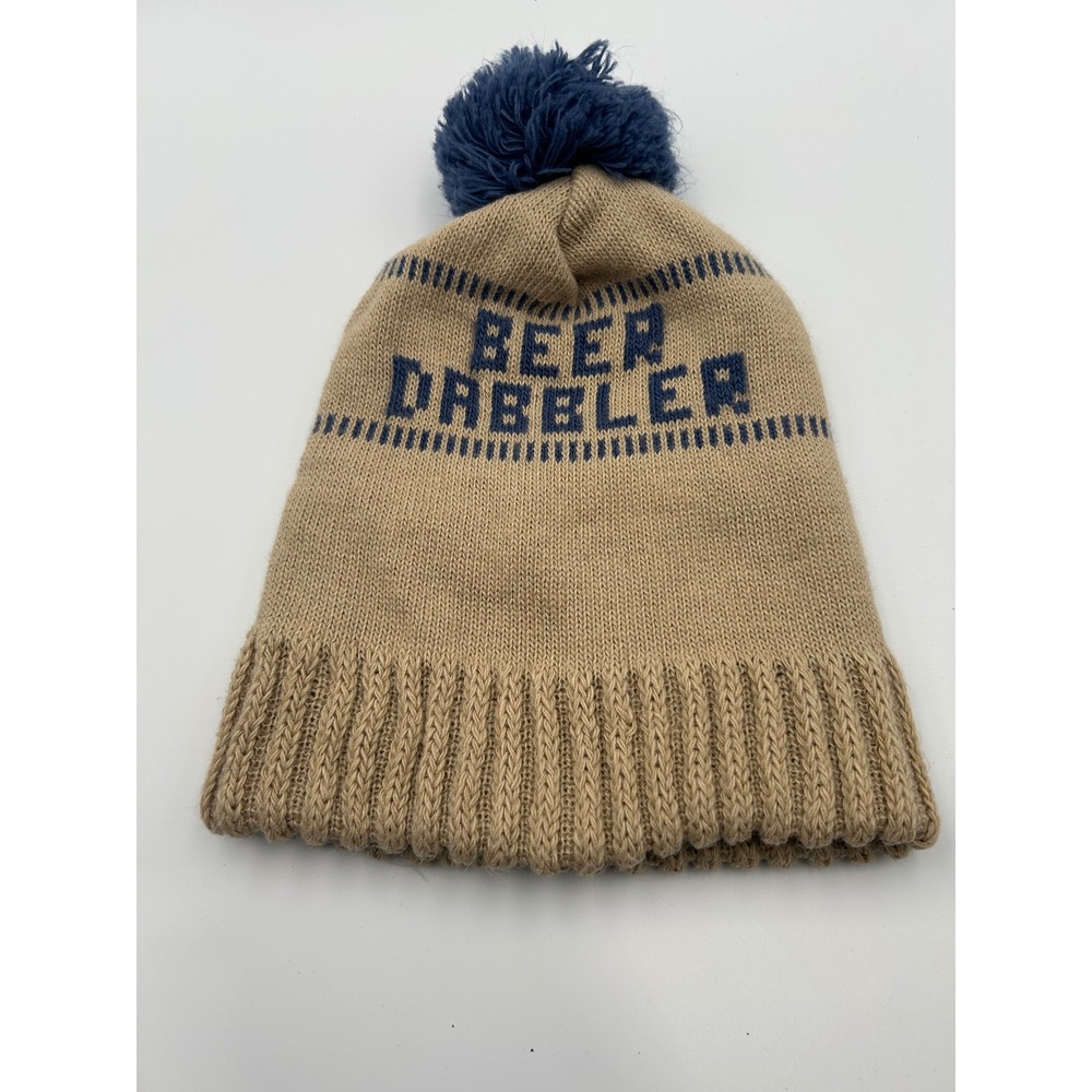 Beer Dabbler Knit Beanie Hat Tan Navy Blue Pom Pom Cuffed Winter Cap Mens Womens